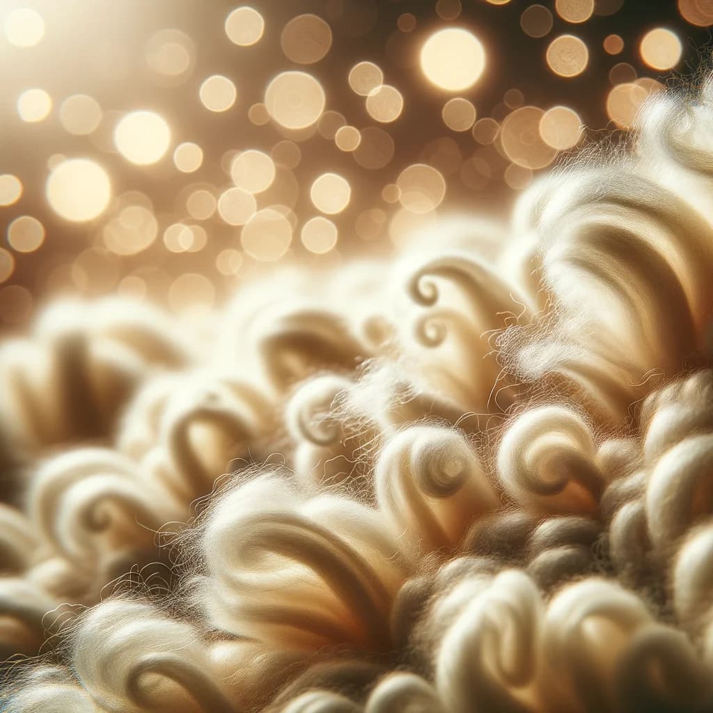 Makrobild av premium ullfibrer som visar naturlig krusning och textur hos högkvalitativ fårull