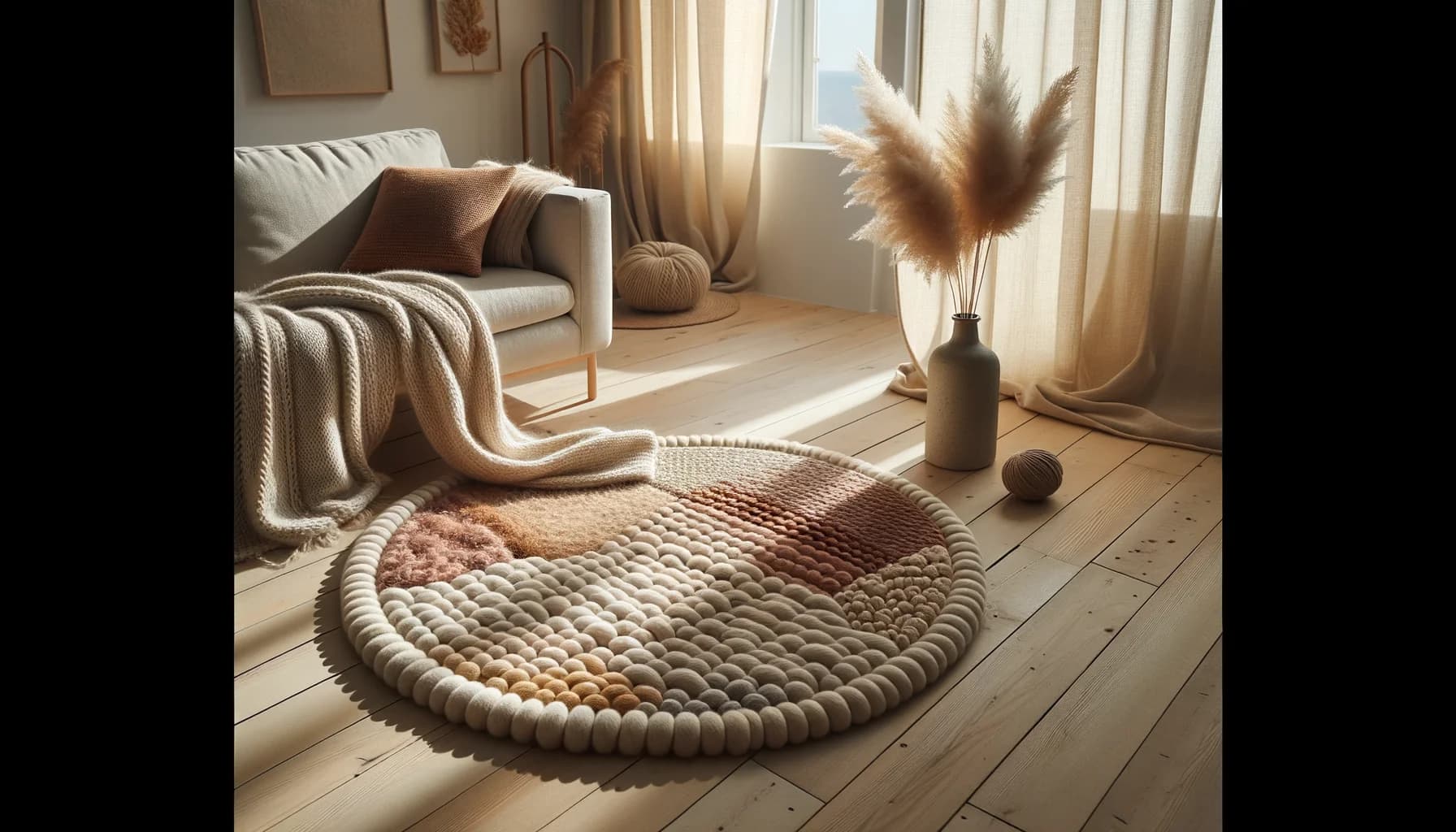 Lyxig handknuten ullmatta i naturliga krämvita och terrakottafärger på ljust ekgolv i skandinaviskt vardagsrum