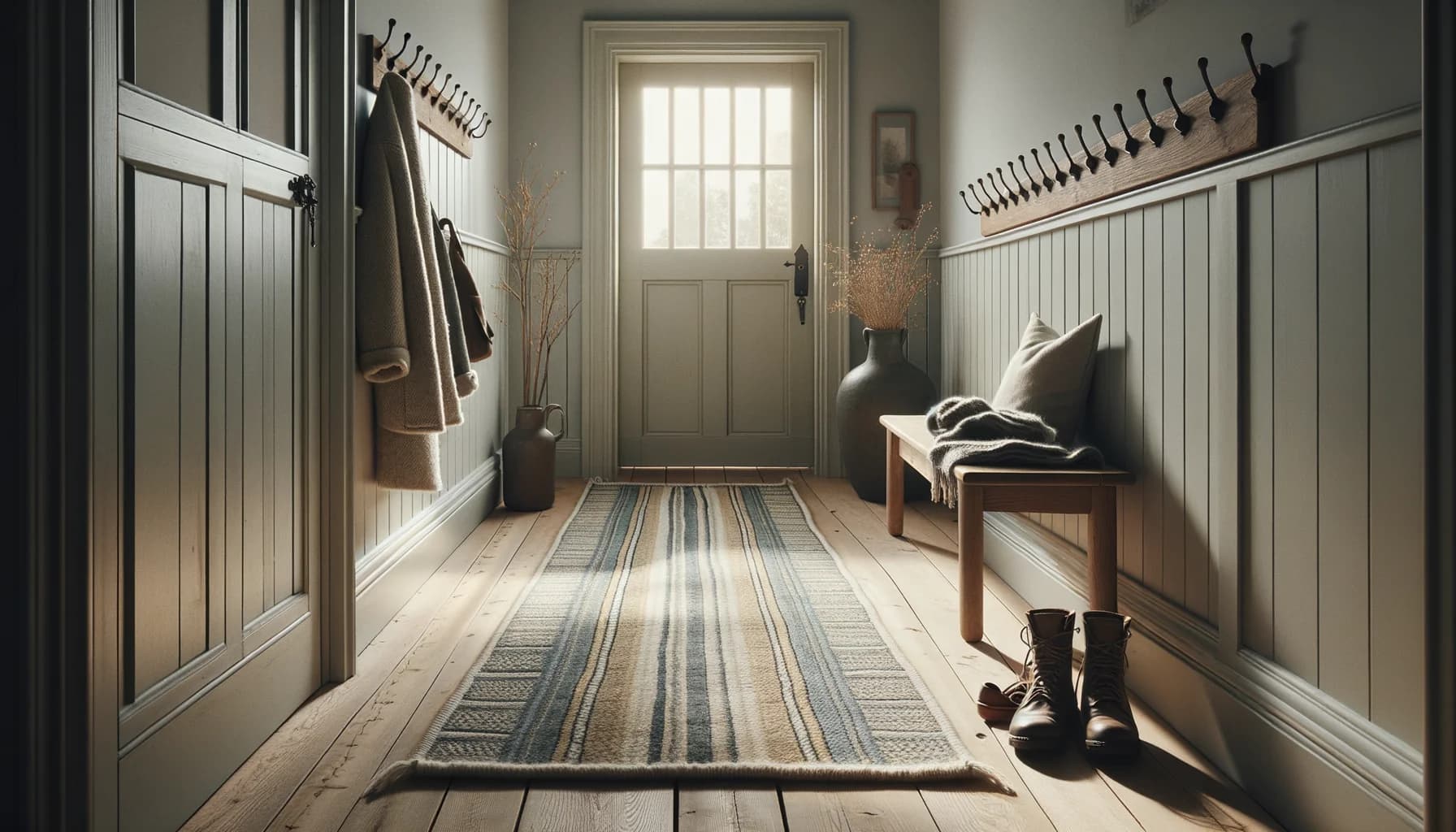 Flatvävd ullmatta löpare med svenskt mönster i blått och naturvitt i ljus hall