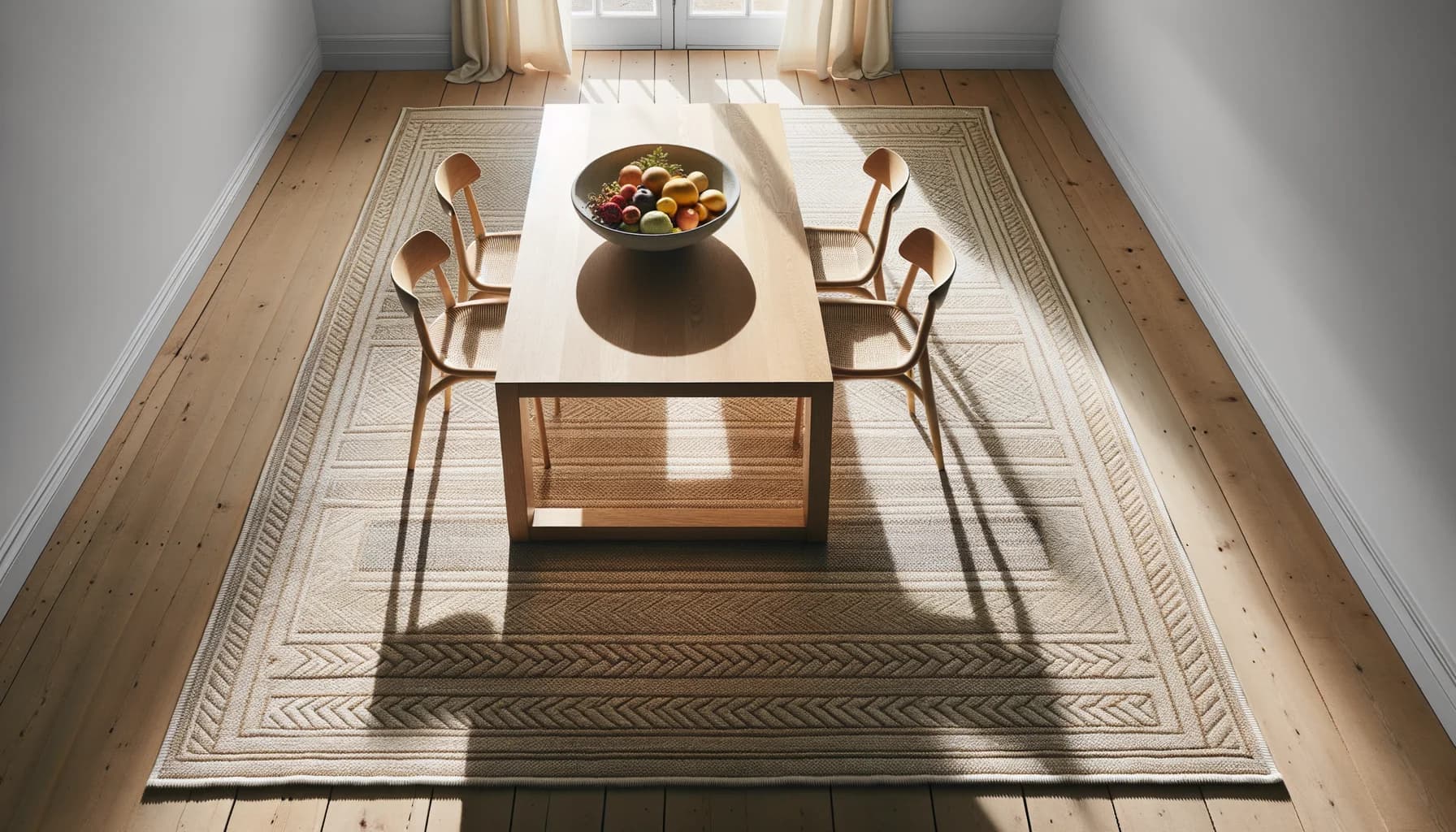 Hållbar ullmatta under matbord i skandinavisk matplats sedd ovanifrån