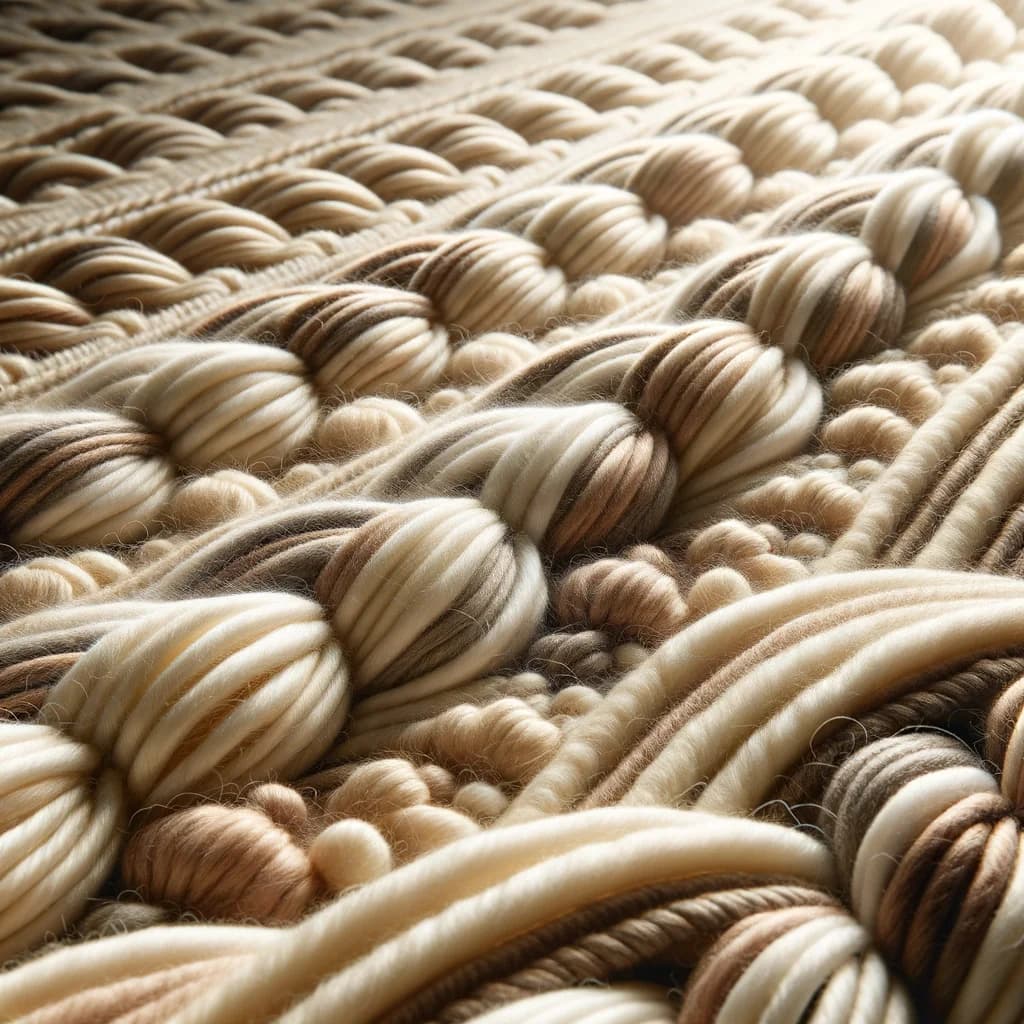 Närbild av handvävd ullmatta som visar varp- och inslagstrådar i naturliga toner