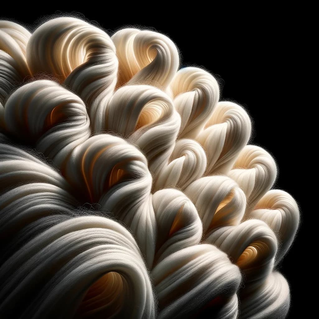 Makrofotografi av råa ullfibrer som visar naturlig krusning och lanolinglans