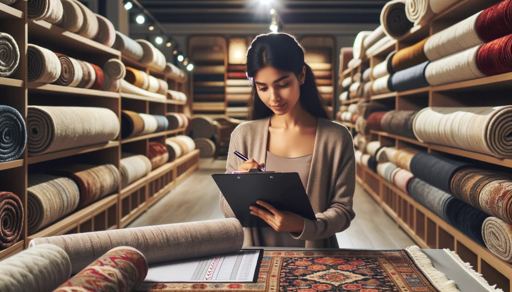 Person som undersöker ullmatta i butik med checklista och rullade mattor i bakgrunden