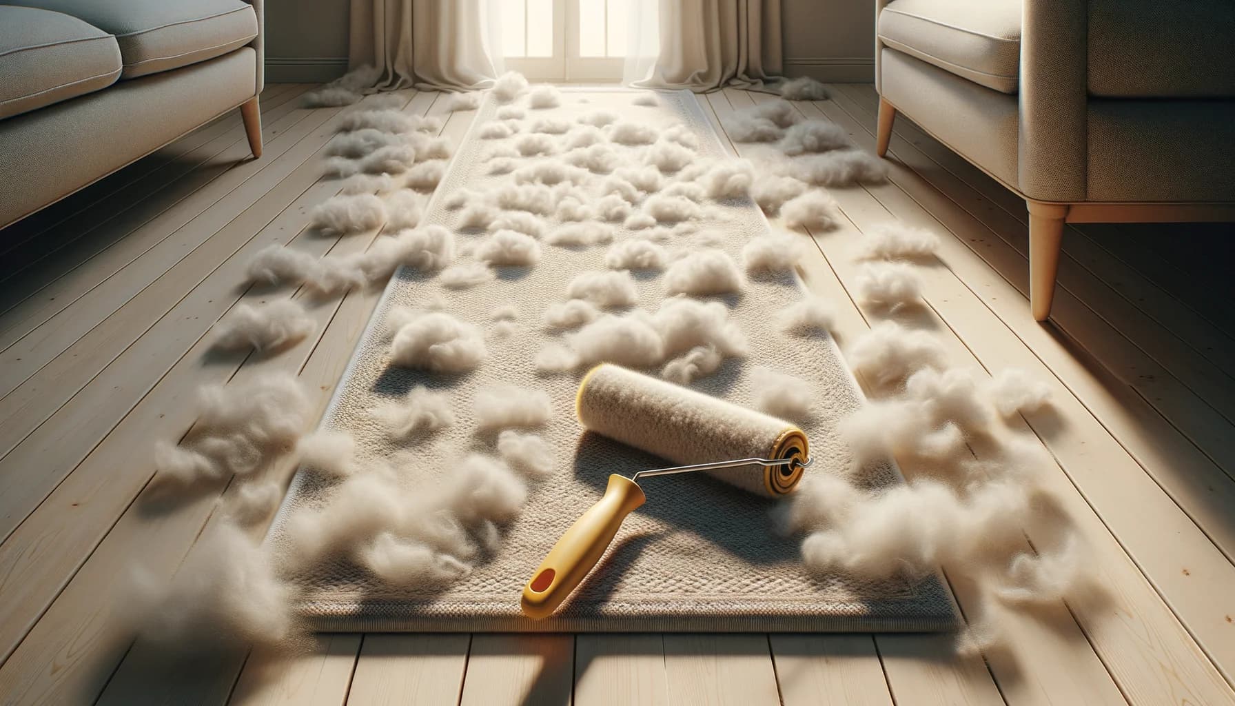 Ny ullmatta med naturligt luddbortfall och luddborttagare i ljust rum