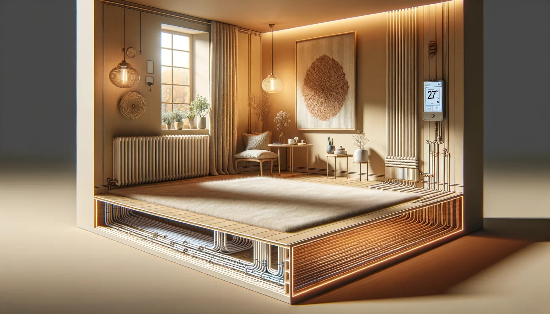 Tvärsnitt av rum med flatvävd ullmatta på golv med synliga golvvärmerör
