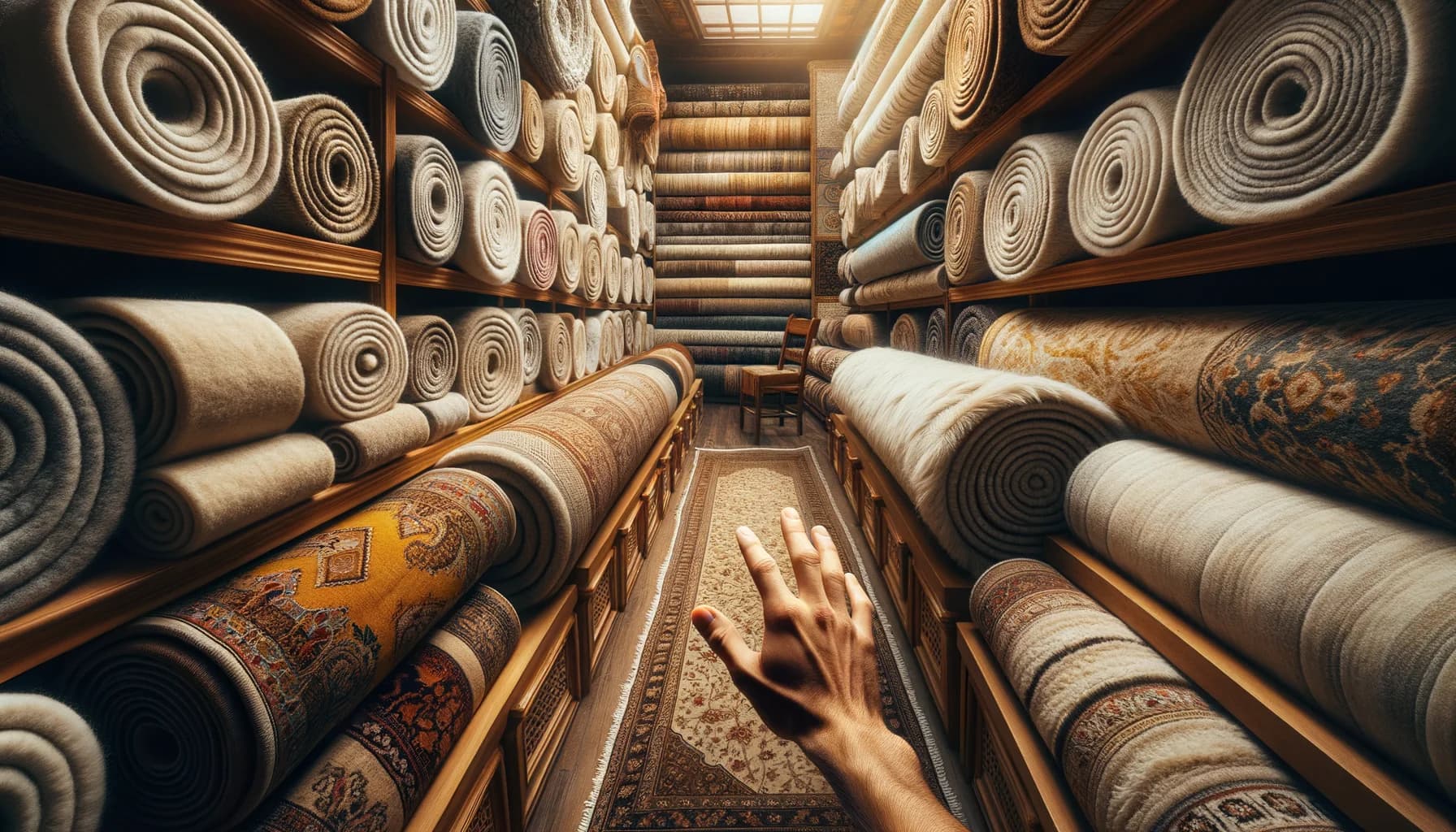 Ullmattebutik med rullade premiummattor i naturliga toner och hand som känner kvaliteten