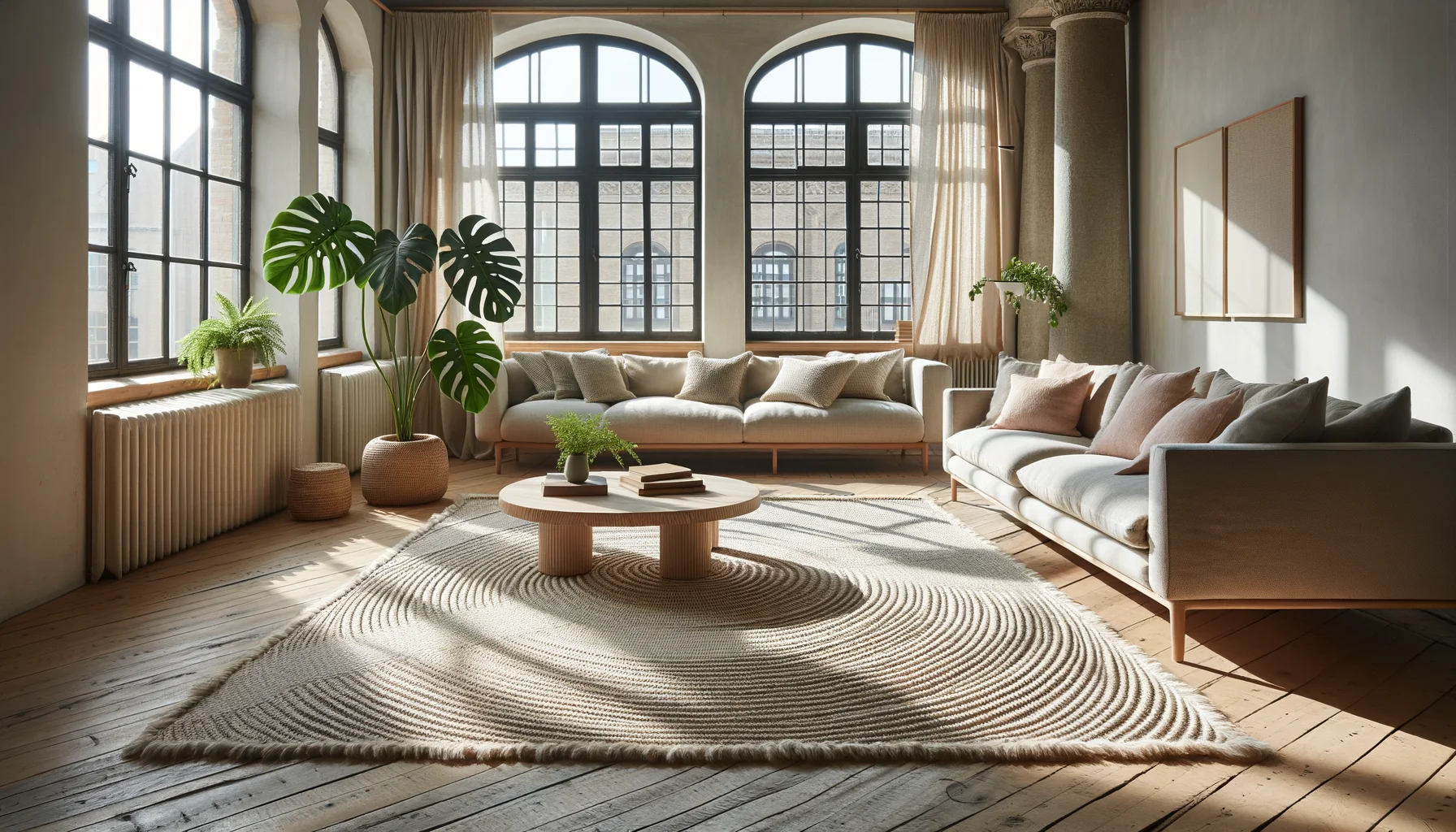 Rymligt skandinaviskt vardagsrum med stor handknuten ullmatta i beige och grått som centerpiece